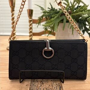 Gucci Black GG Canvas Clutch with Gold Chain